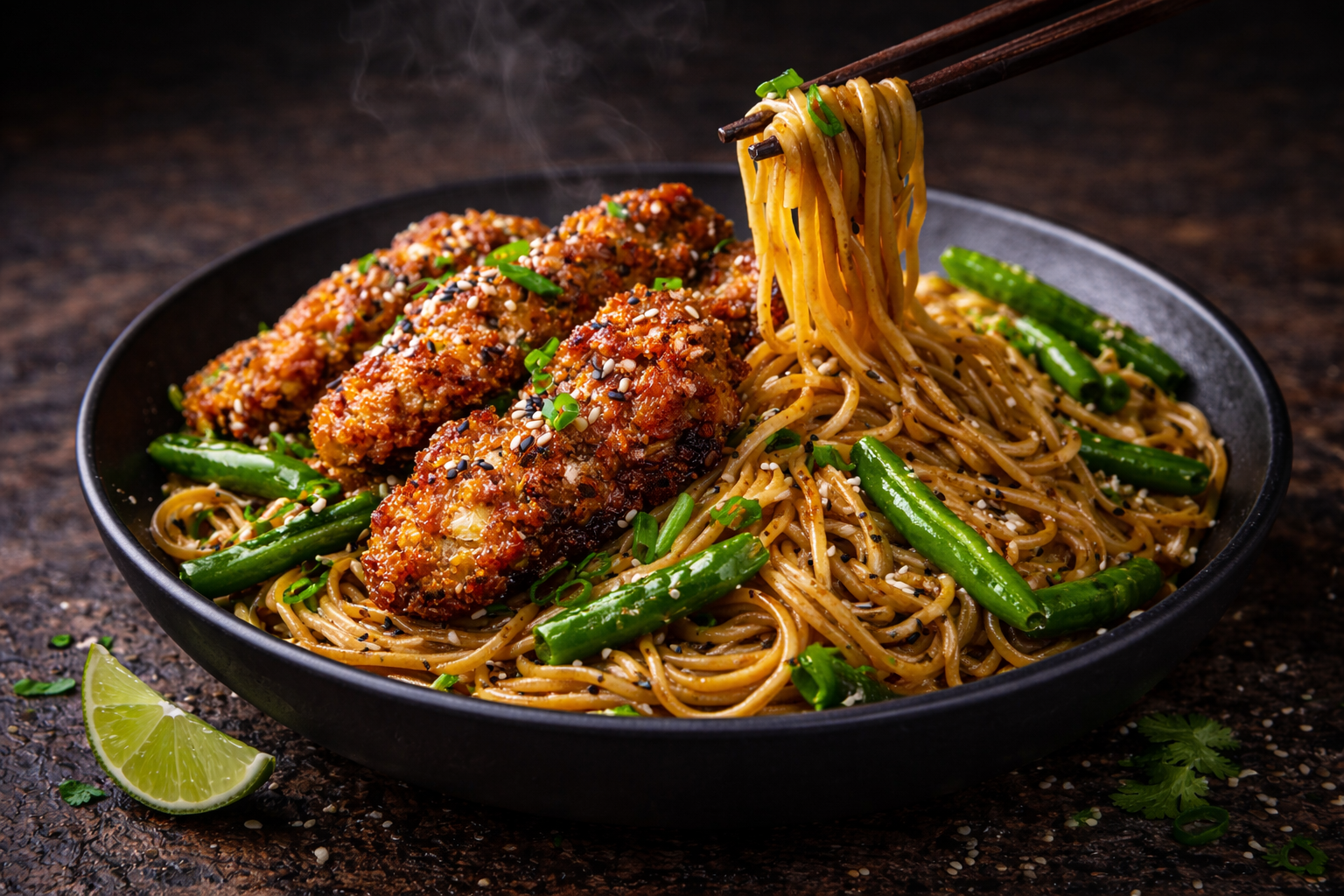 Crunchy Chicken with Sesame Rice and Green Beans