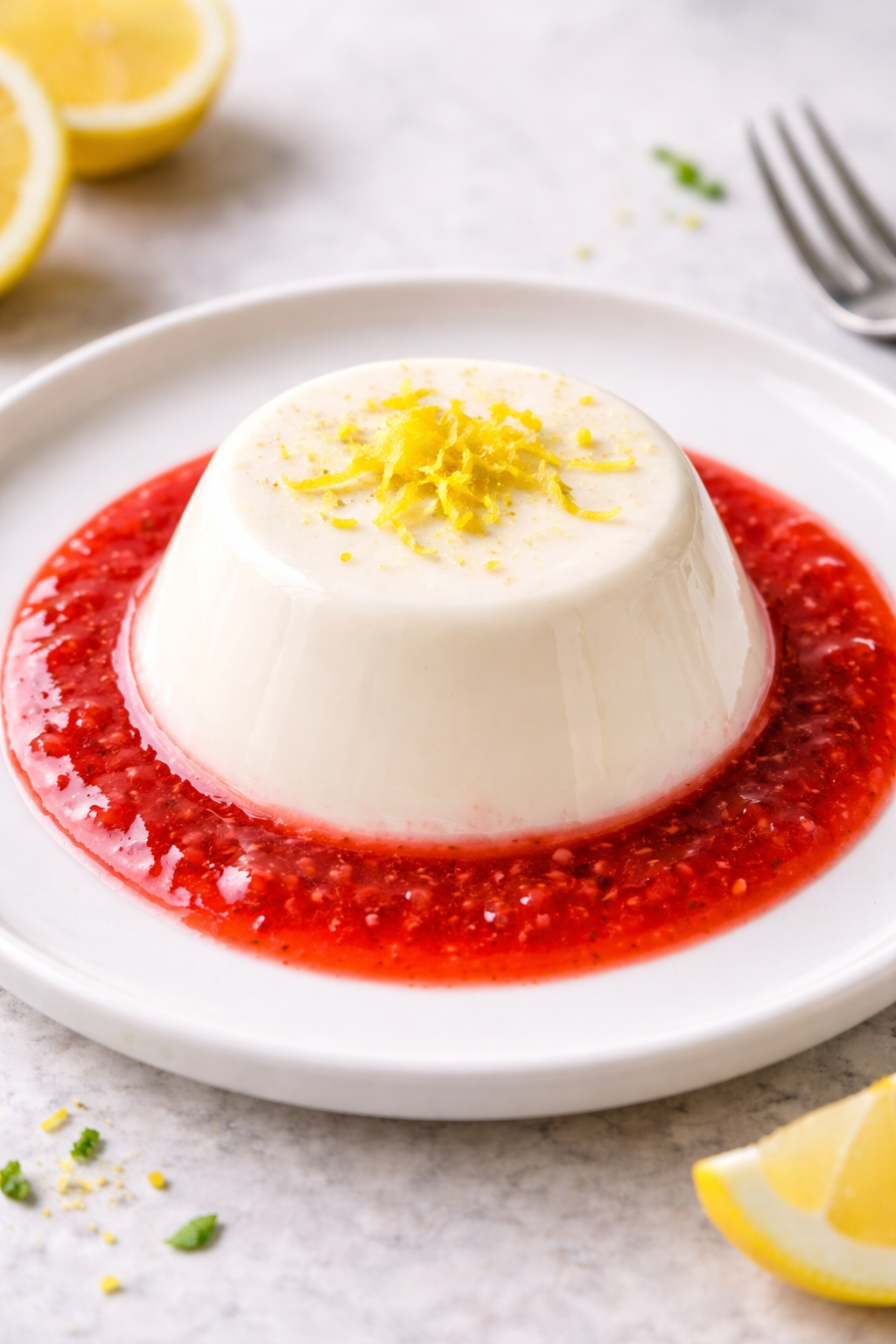 Lemon Panna Cotta with Strawberry Sauce