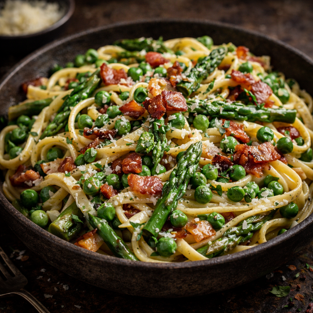 Pasta with Peas, Asparagus, and Bacon