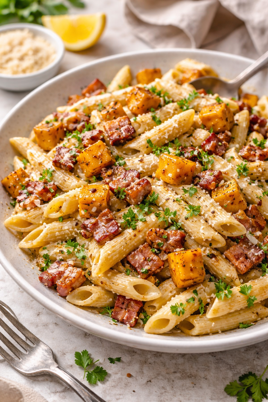 Penne with Bacon, Butternut Squash and Spinach