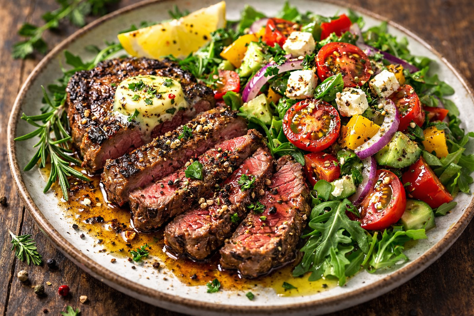 Pepper -Grilled Steak with Chopped Summer Salad