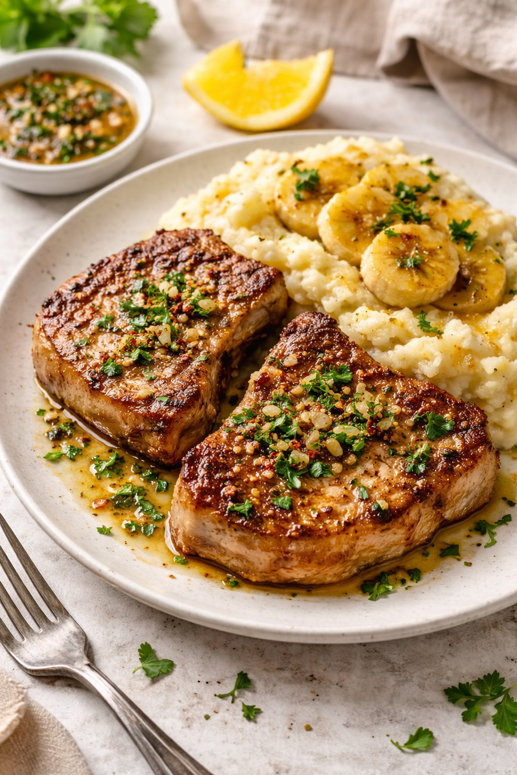 Pork Chops with Banana – Mashed Sweet Potatoes and Green Beans