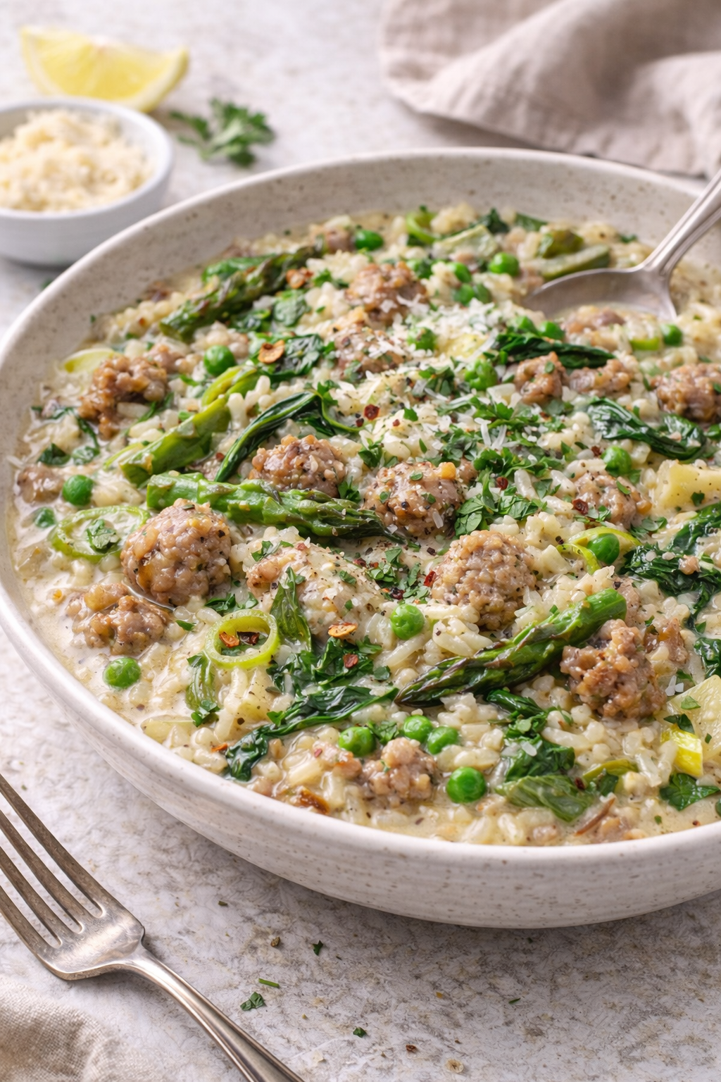 Sausage Risotto with Spring Greens