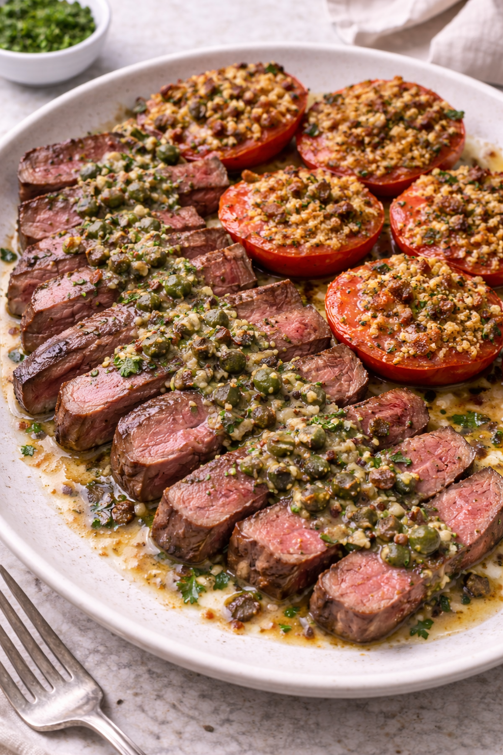 Sliced Steak with Caper Sauce and Broiled Tomatoes with Bacon Bit Breadcrumbs